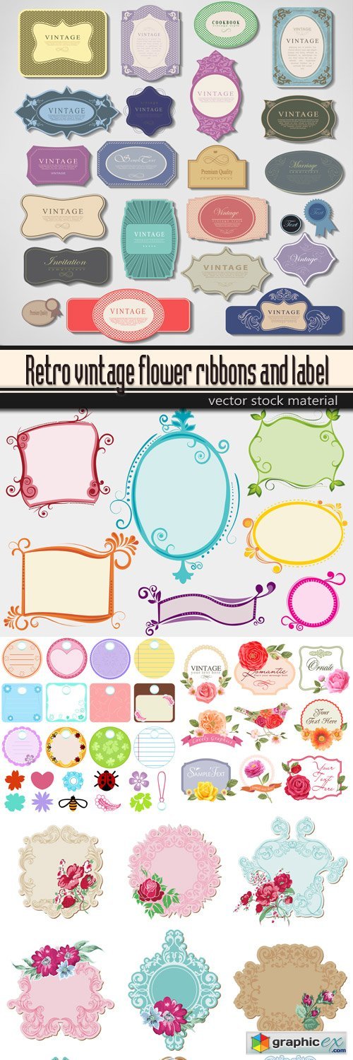 Retro vintage flower ribbons and label