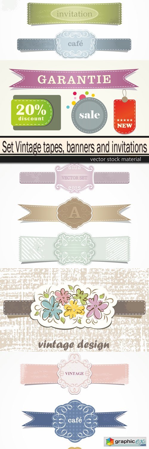 Set Vintage tapes, banners and invitations