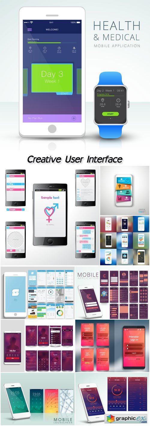 Creative user interface kit with different mobile application screens presentation