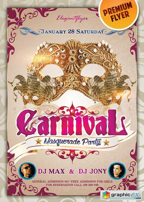  Carnival Masquerade Party Premium Club flyer PSD Template
