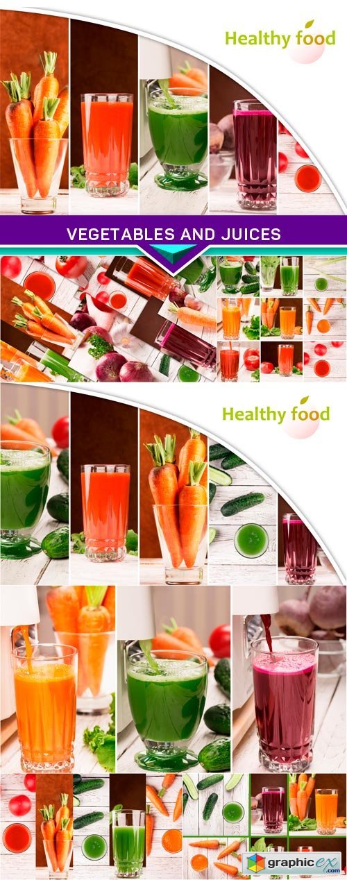 Food collage from photos of different vegetables and juices 7x JPEG