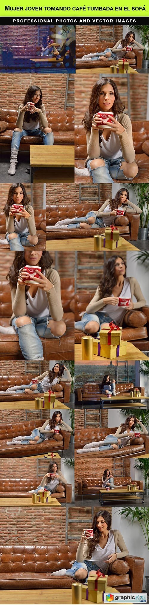 Mujer joven tomando cafe tumbada en el sofa