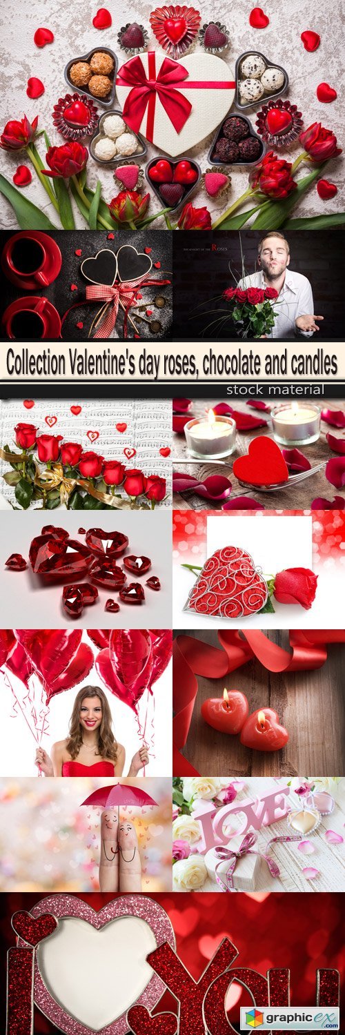 Collection Valentine's day roses, chocolate and candles