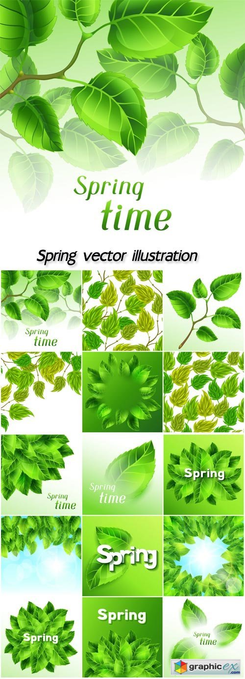 Spring illustration with bunch of green leaves