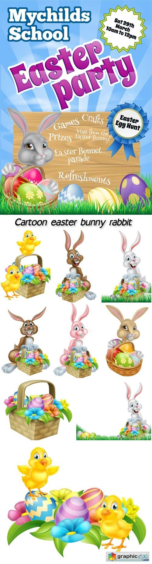 Cartoon easter bunny rabbit, chicks and easter eggs