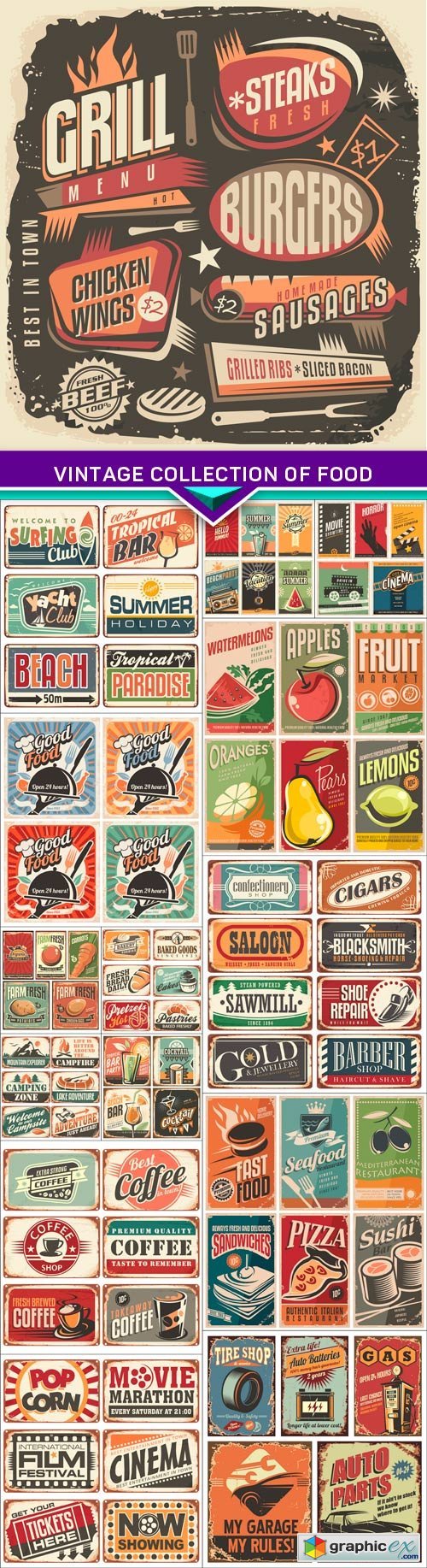 Vintage collection of food and restaurants posters 15x EPS