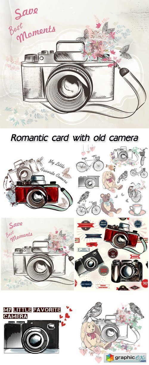 Beautiful romantic card with old camera, flowers in vintage style