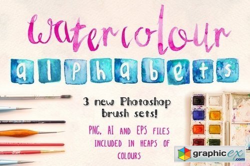 3 Watercolor Alphabet Brush Sets