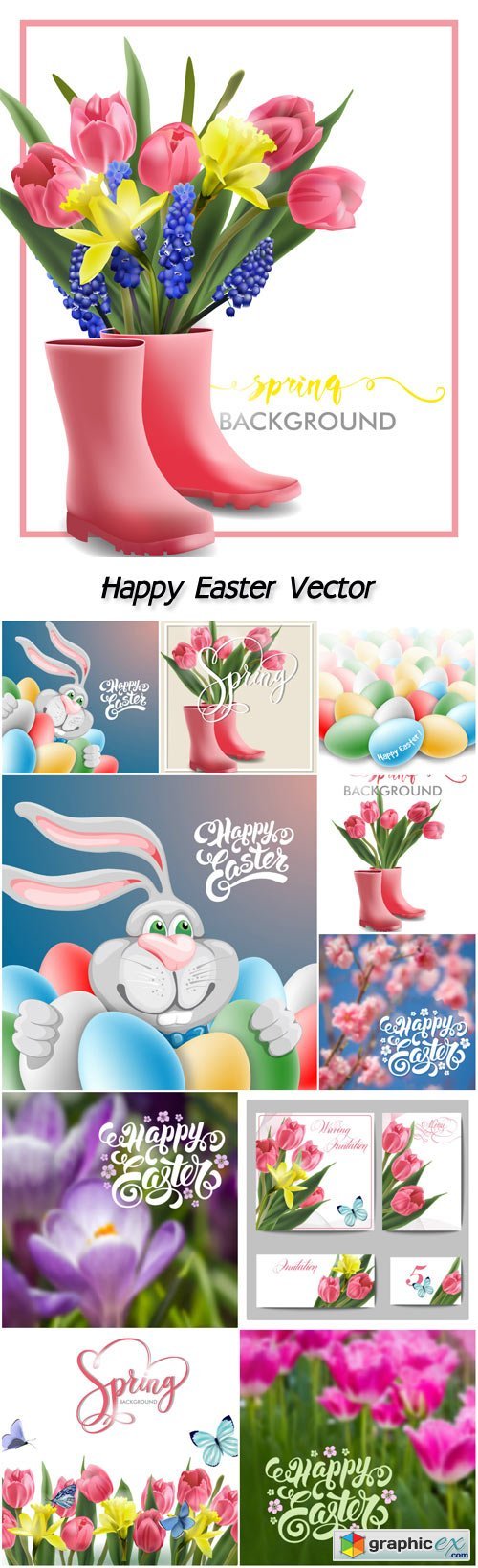 Happy Easter, spring background, flowers, pink tulips, butterflies