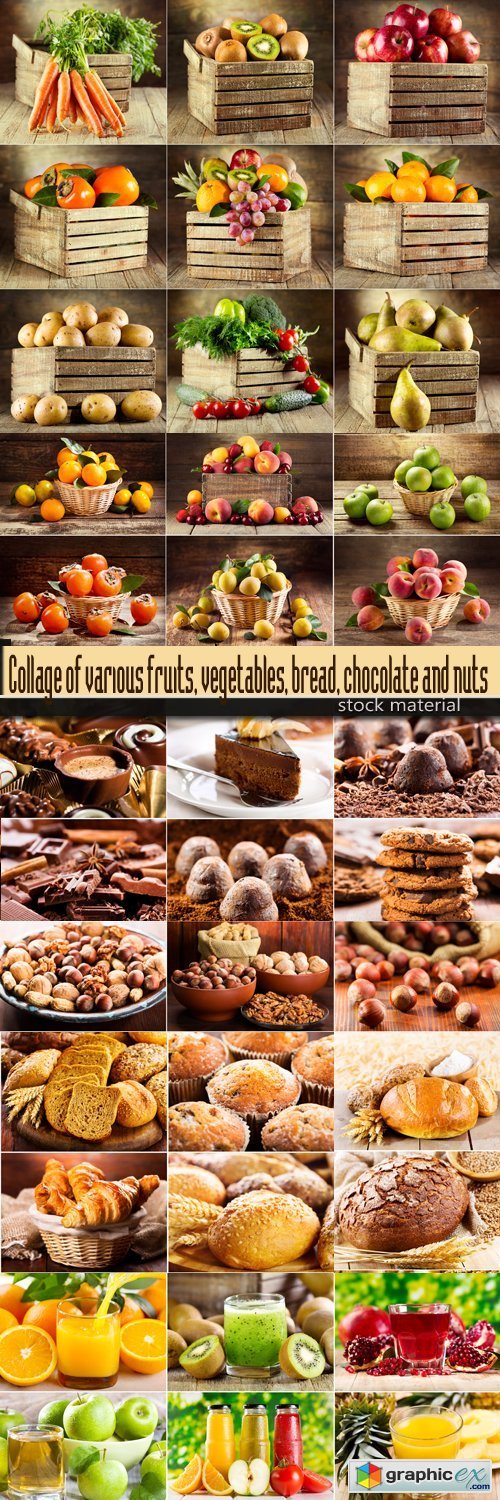 Collage of various fruits, vegetables, bread, chocolate and nuts