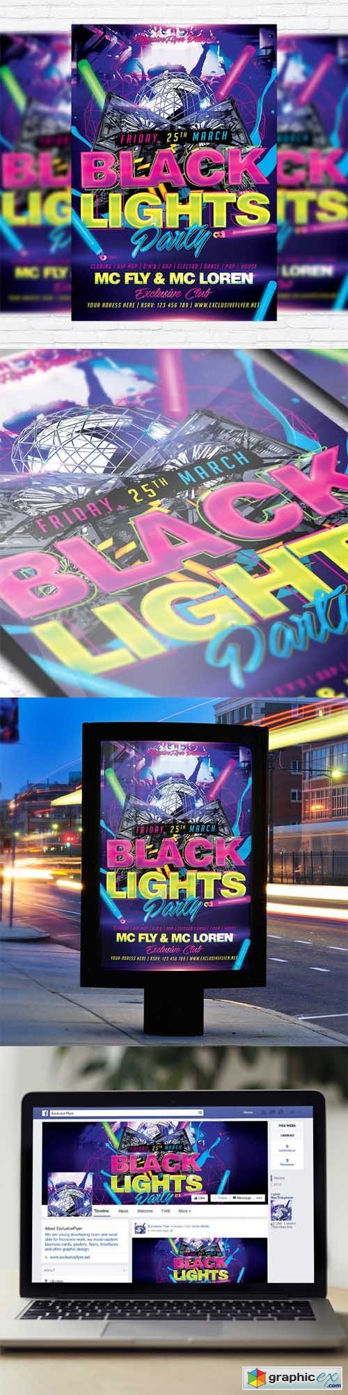 Black Light Party - Flyer Template + Facebook Cover