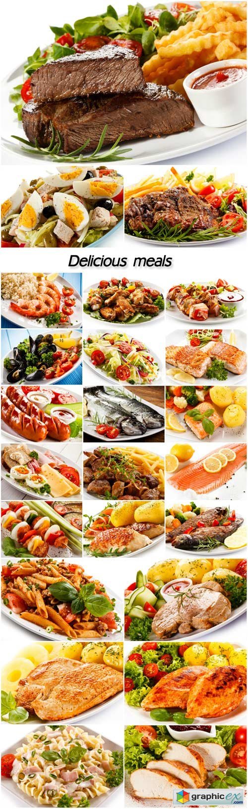 Delicious meals, meat, vegetables, seafood