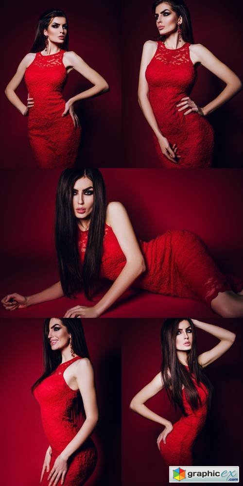 Long Hair. Beautiful Elegant Brunette Girl Model in a Red Lace Dress, with Makeup