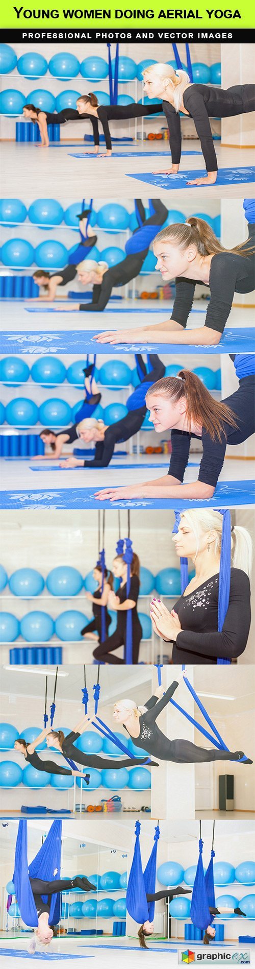 Young women doing aerial yoga