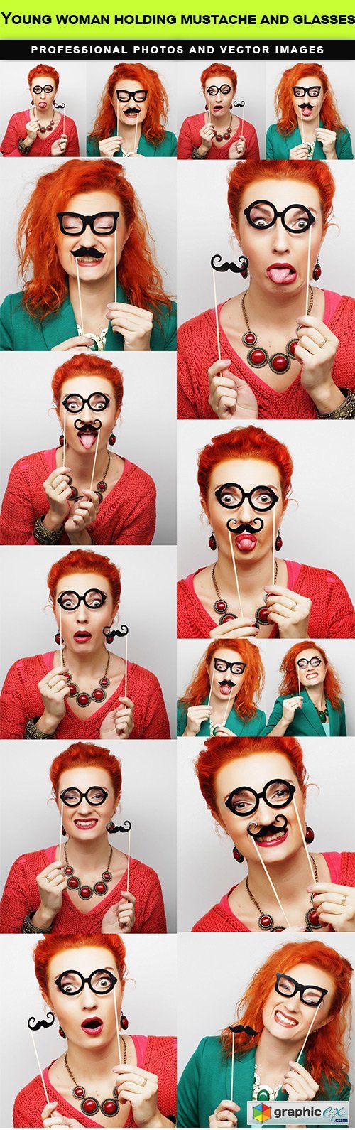 Young woman holding mustache and glasses