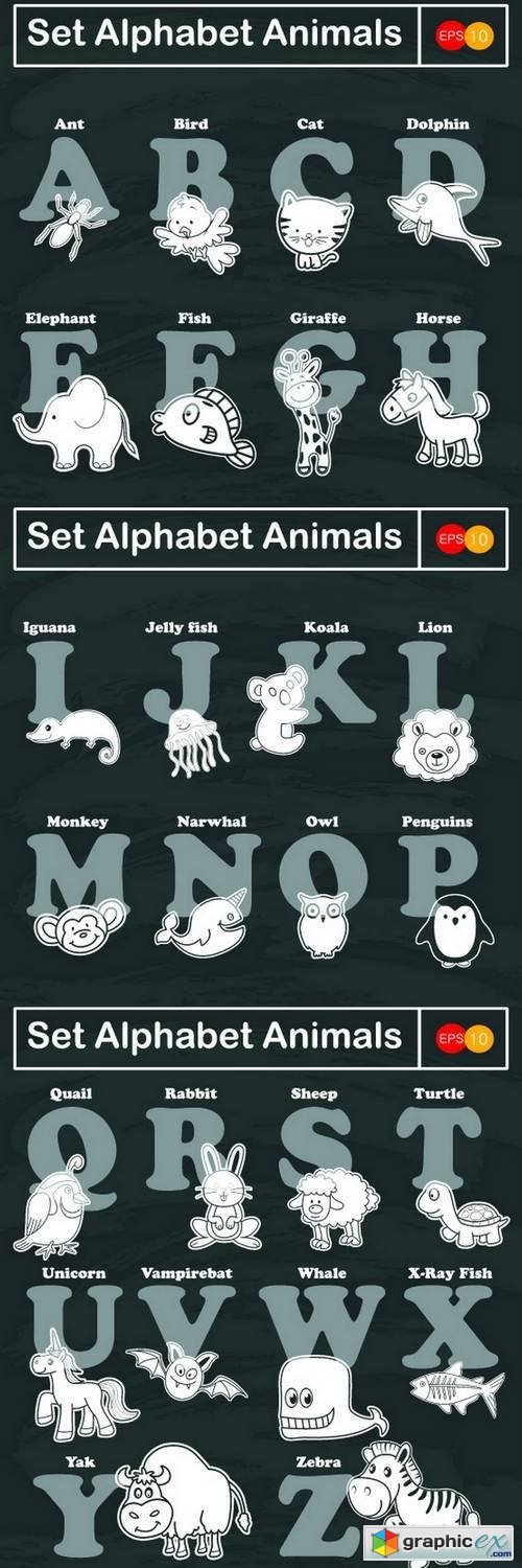 Zoo Alphabet in Vector with Different Animals on Black Board