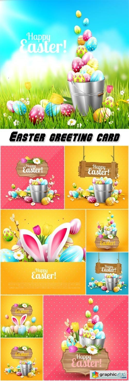 Easter greeting card with flowers and colorful eggs in the bucket