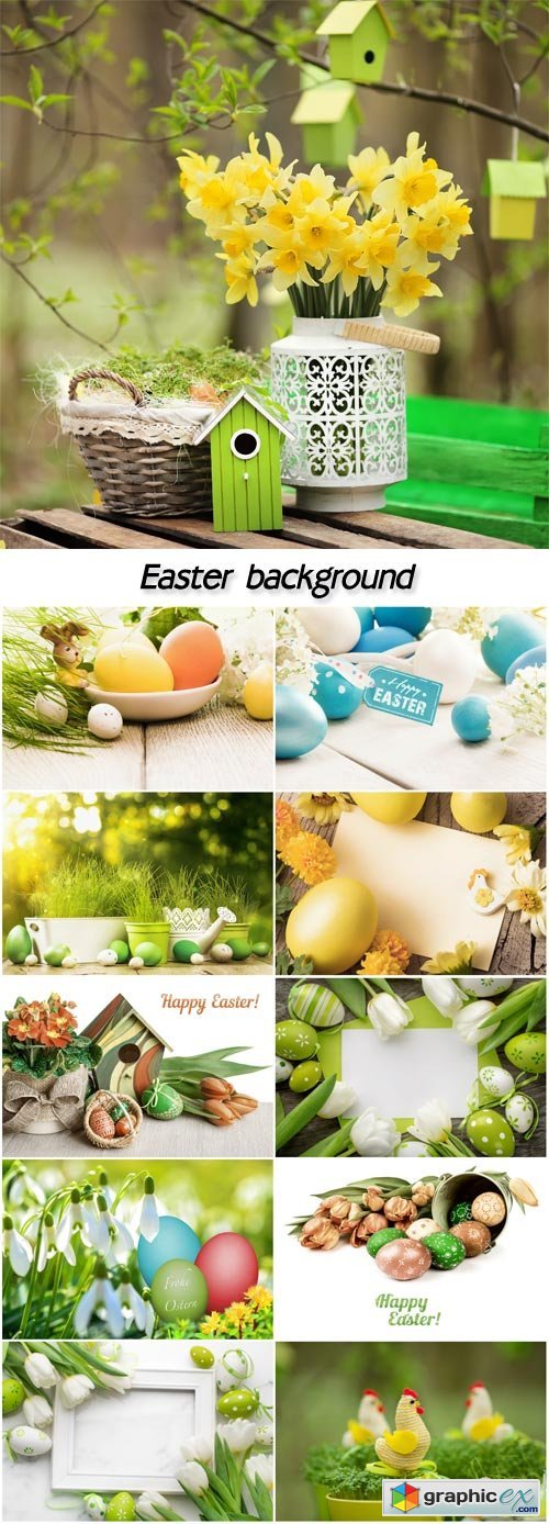 Easter background with chicks, flowers and Easter eggs