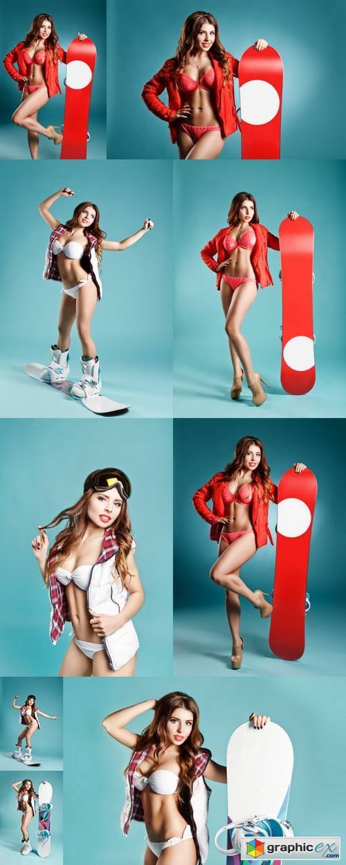Attractive Young Sexy Girl in Bikini on Snowboard