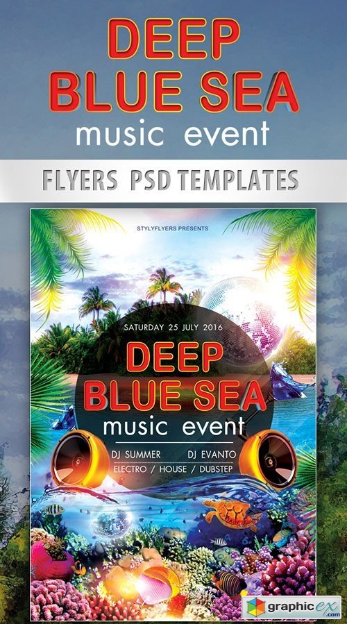 Deep Blue Sea Music Event Flyer PSD Template + Facebook Cover
