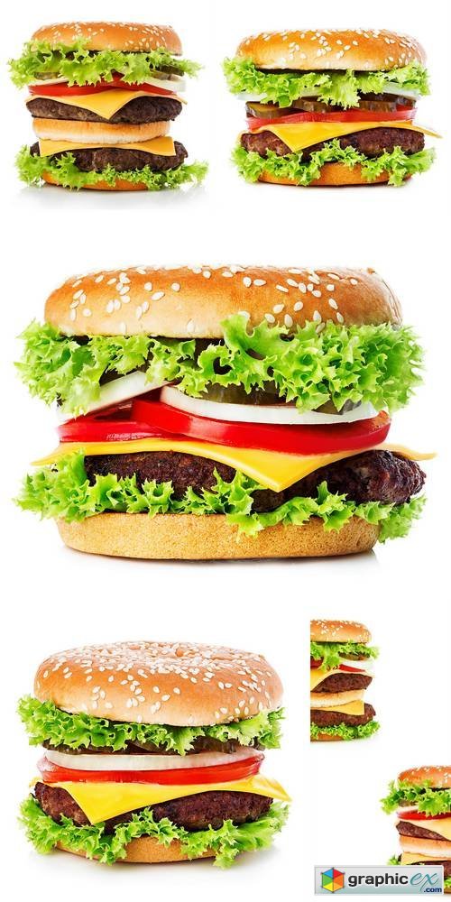 Big Royal Appetizing Burger, Hamburger, Cheeseburger Close-up Isolated on a White Background