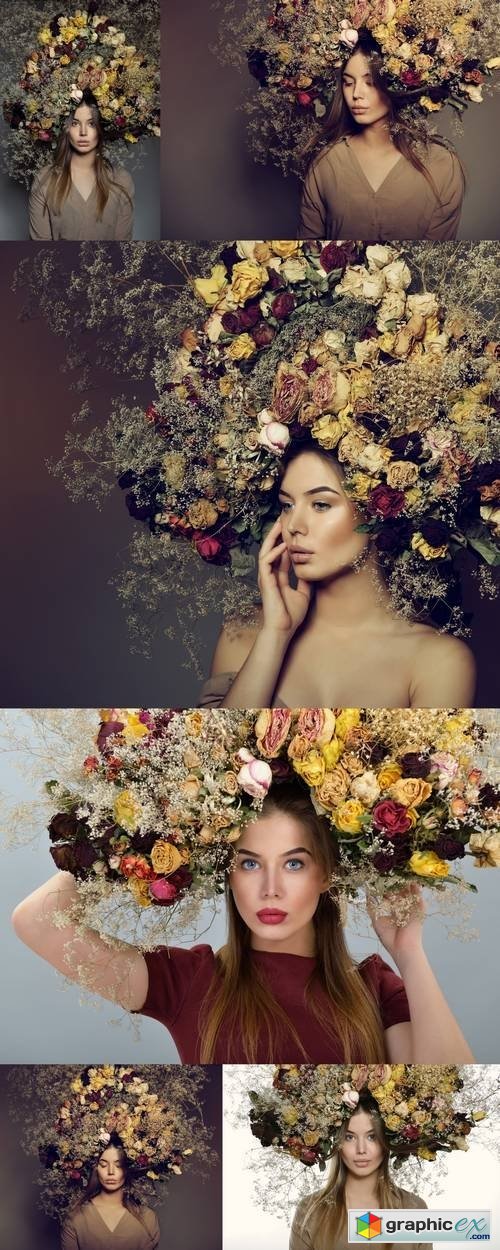 Beauty Fashion Female Portrait with Large Garland Dried Flowers - Beautiful Woman with Wreath of Roses