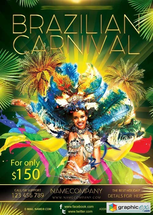 Brazilian Carnival Travel V5 Flyer PSD Template + Facebook Cover
