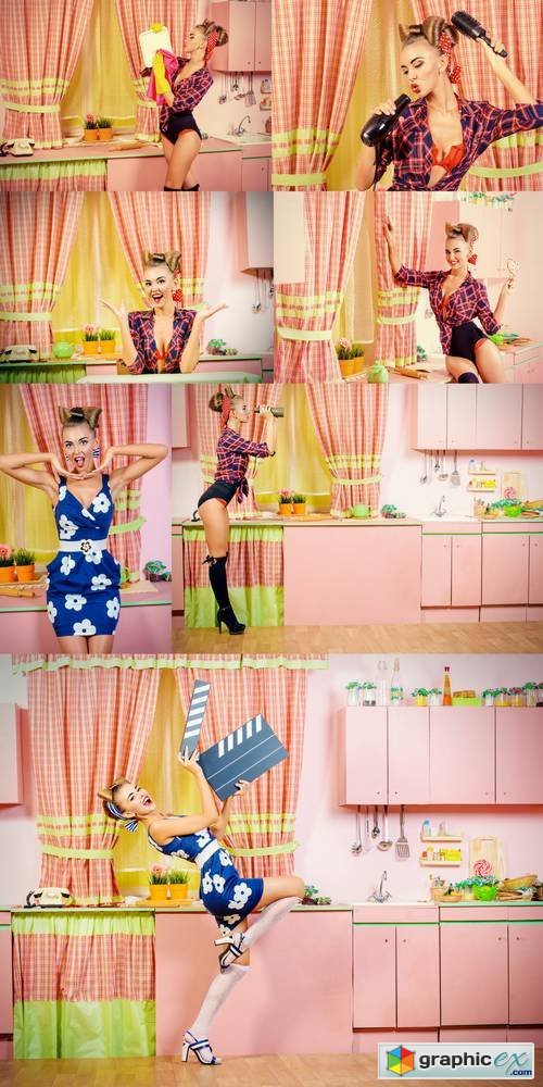 Beautiful Pin-up Girl on a Pink Kitchen - Retro Style