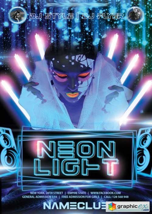 Neon Light Party Flyer PSD Template + Facebook Cover