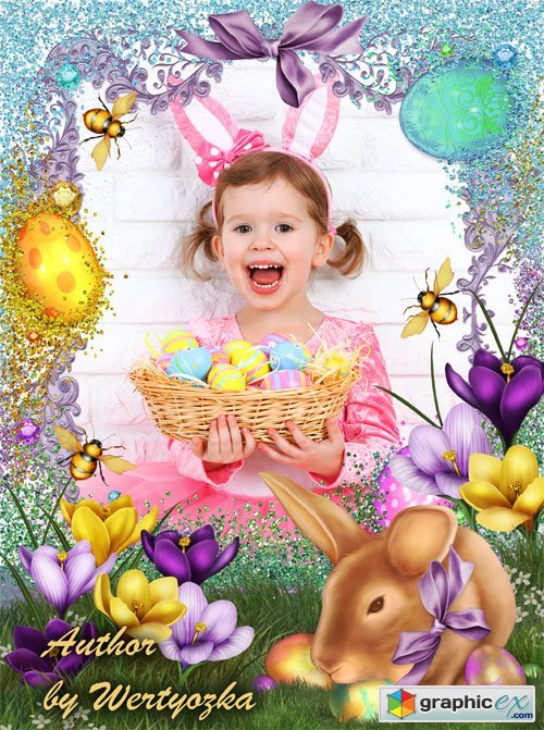 Happy Easter, easter frame with bunny and flowers
