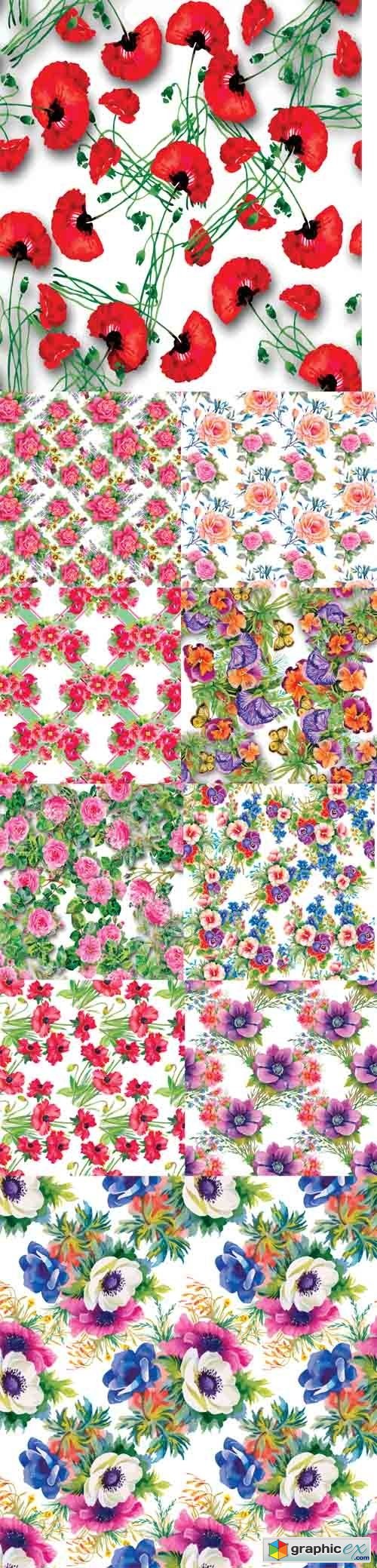 10 Seamless Patterns with Beautiful Flowers Watercolor Illustrations
