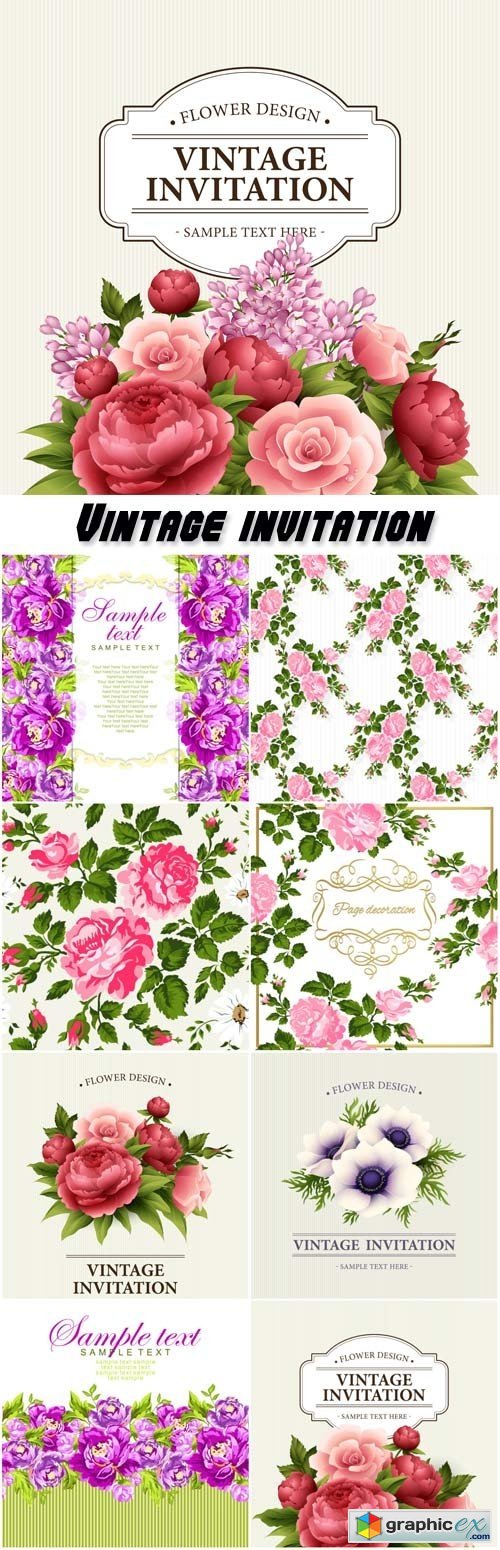 Vintage invitation vector, backgrounds with flowers
