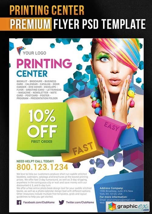 Printing Center Flyer PSD Template + Facebook Cover
