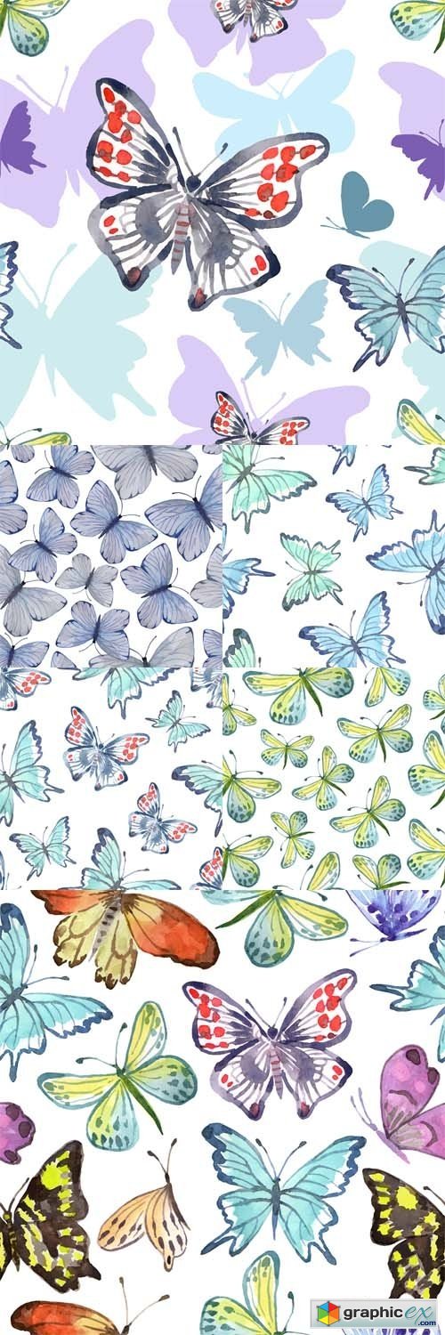 Vector Set - Watercolor Seamless Pattern with Butterflies