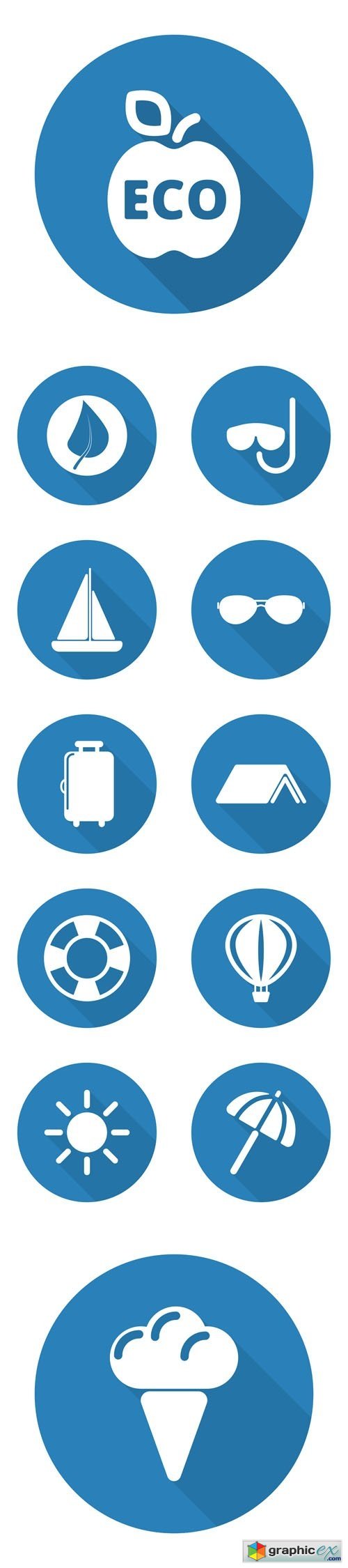 Summer Flat White Web Icons with Long Drop Shadow on Blue Circle