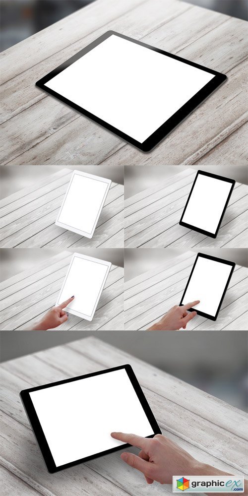 Photo Set - Tablet with White Isolated Screen on Wooden Desk