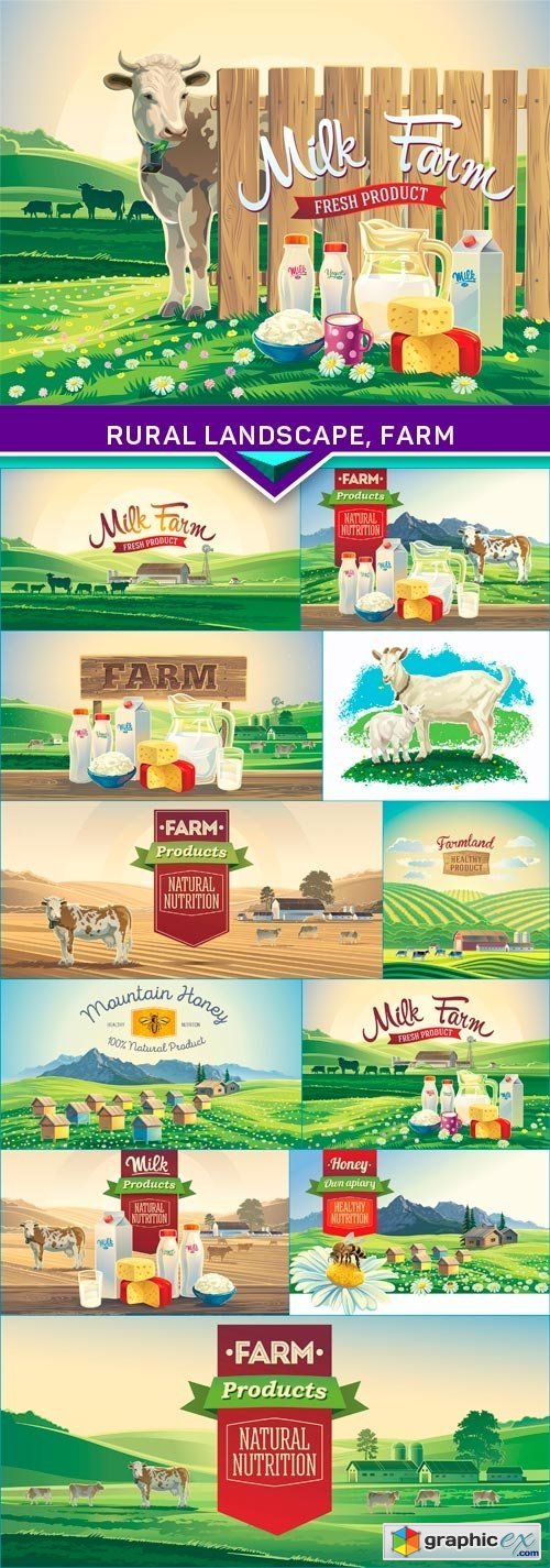 Rural landscape, farm and set of milk products 1 12x EPS