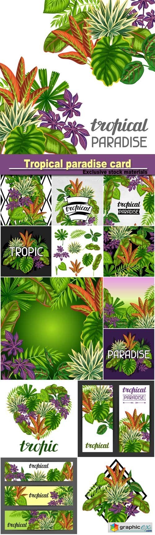 Tropical paradise card with stylized leaves and flowers
