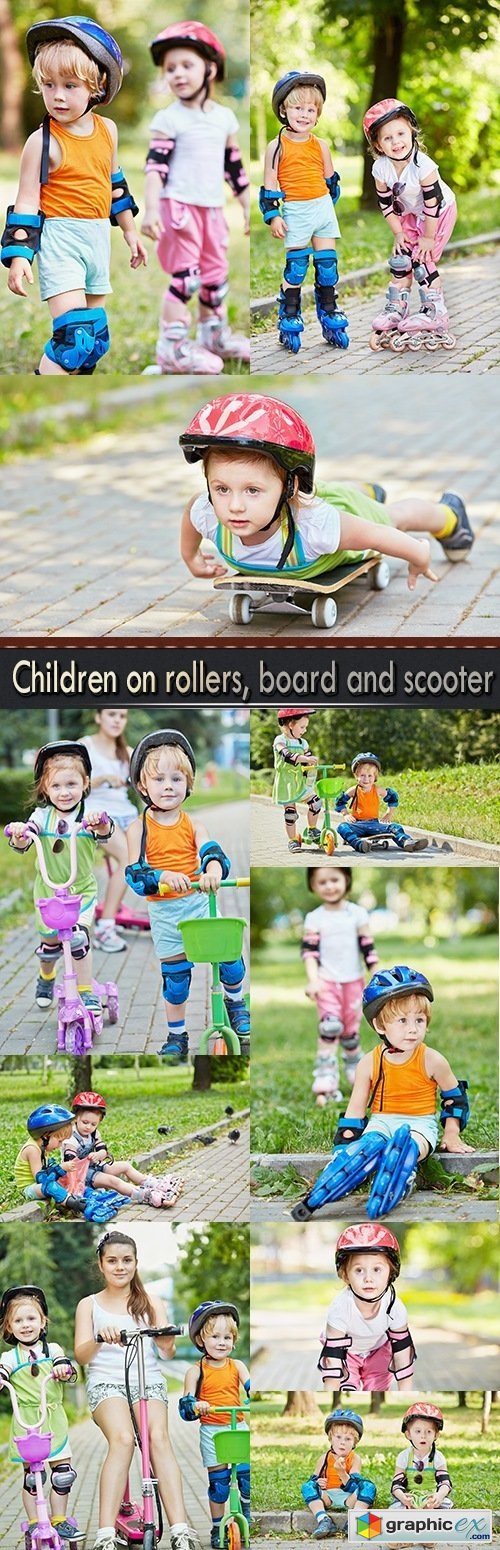 Children on rollers, board and scooter