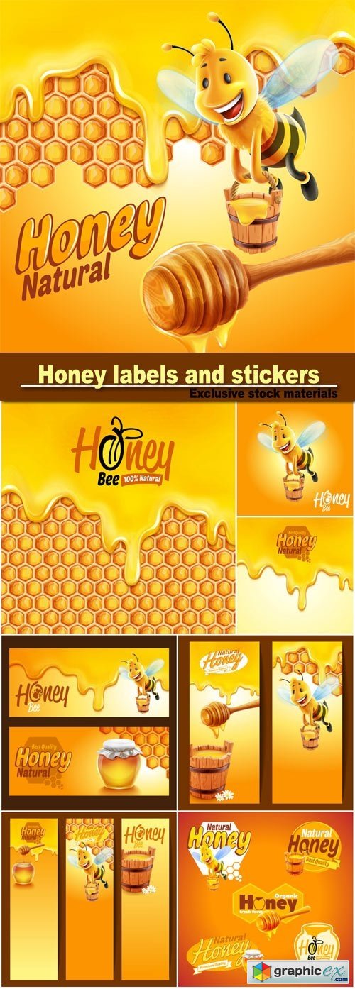 Honey labels and stickers, frame honey with bee and stick