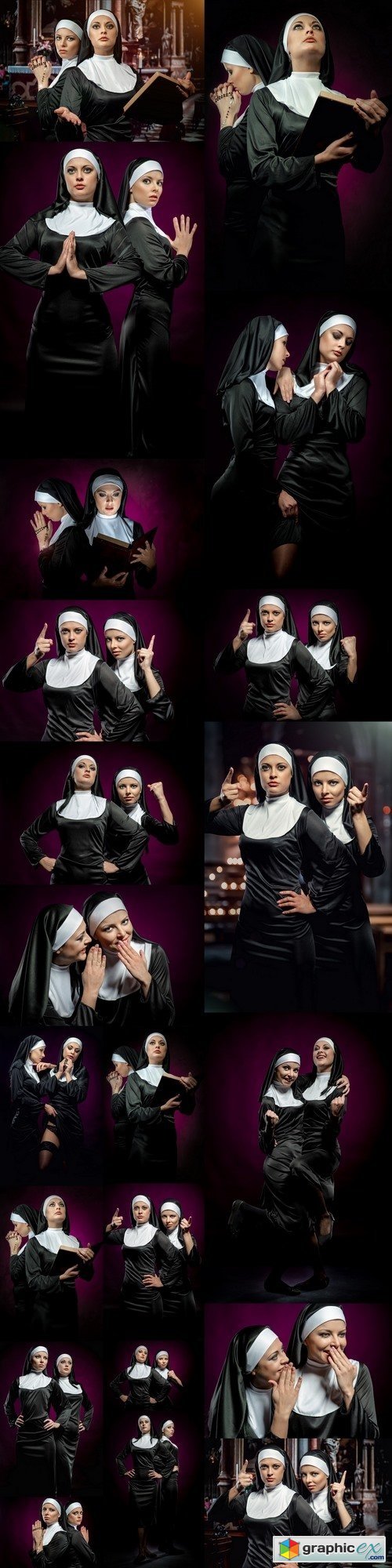 Two attractive young nuns posing indoors