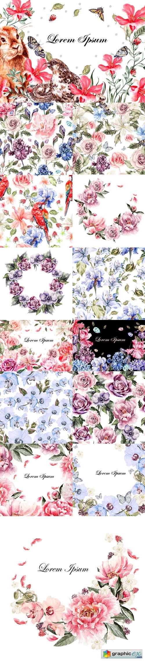 Photo Set - Beautiful watercolor cards and patterns with peony flowers, orchid roses and plants