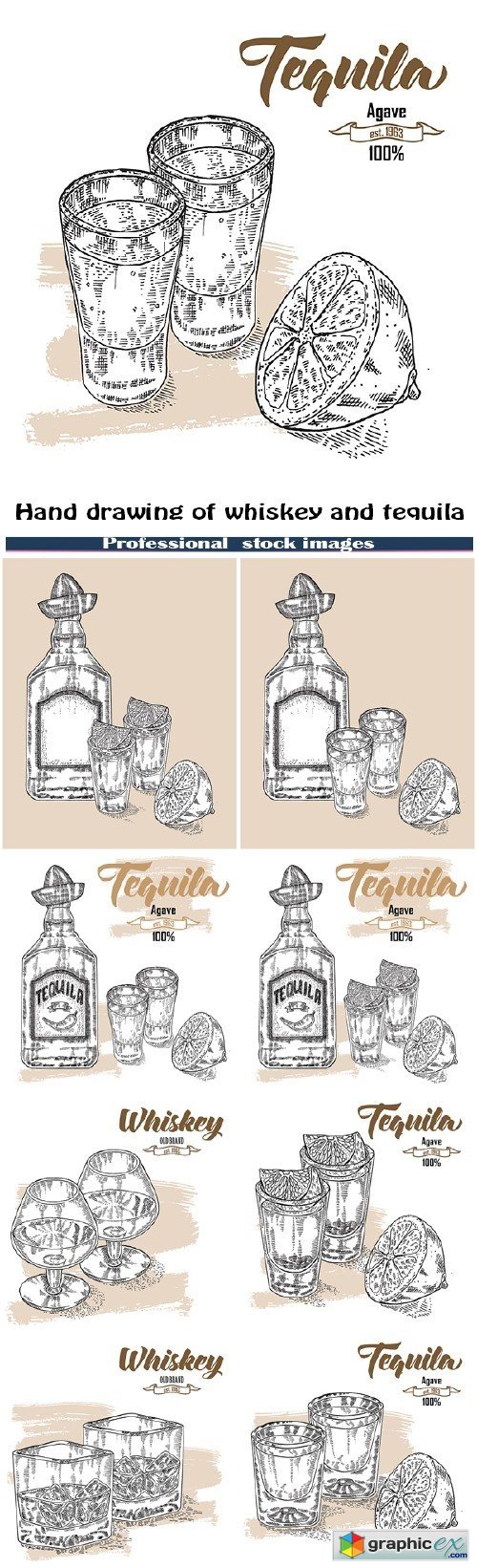 Hand drawing of whiskey and tequila