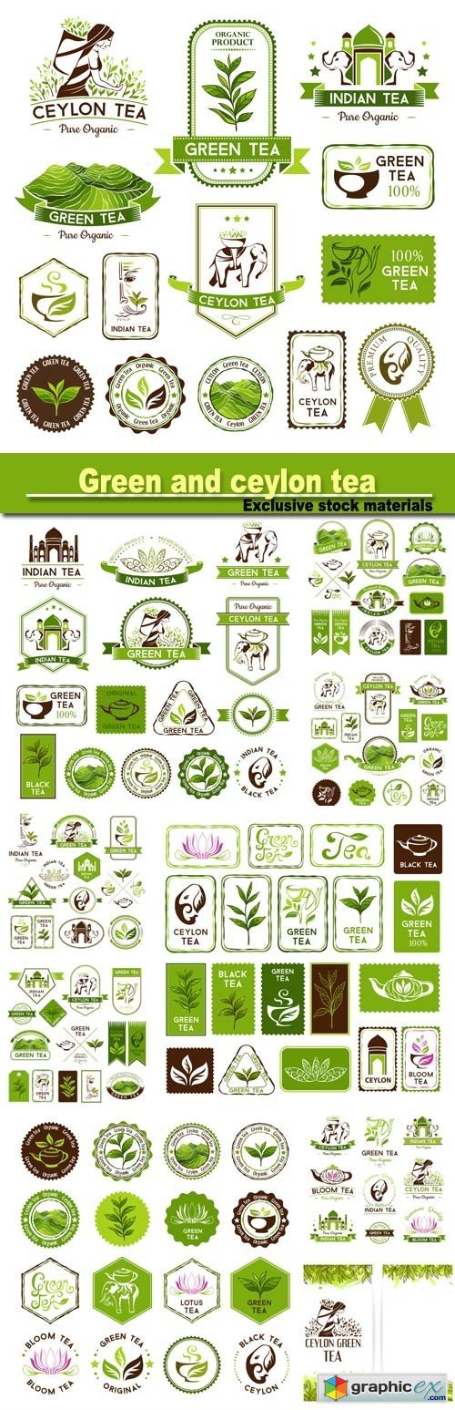 Green and ceylon tea labels and stickers