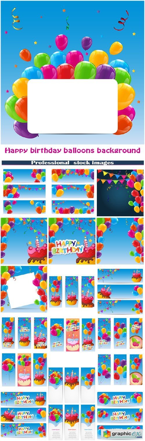 Color glossy happy birthday balloons and cake banner background