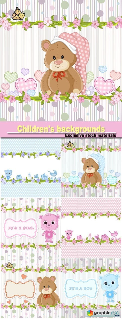 Card with bear cubs, children's backgrounds