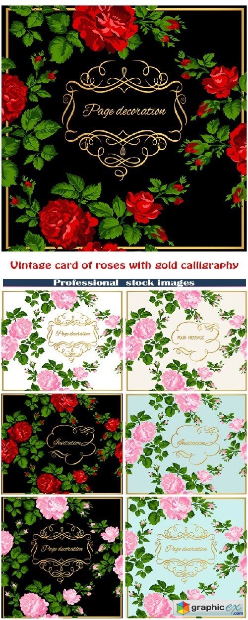 Luxurious vintage card of roses with gold calligraphy