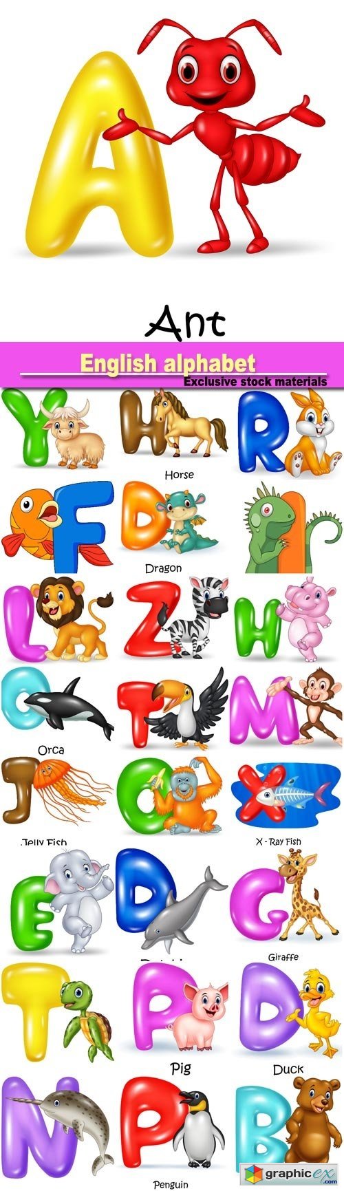 English alphabet with cartoon animals