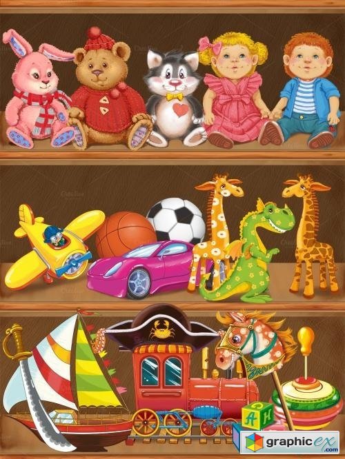 Wooden Shelf with Childrens Toys