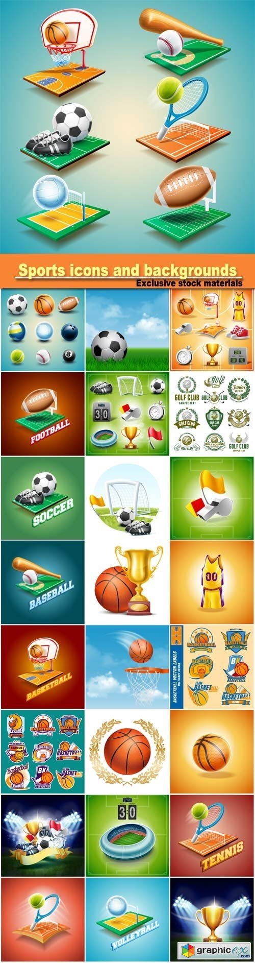 Sports icons and backgrounds vector, football, basketball, golf, baseball
